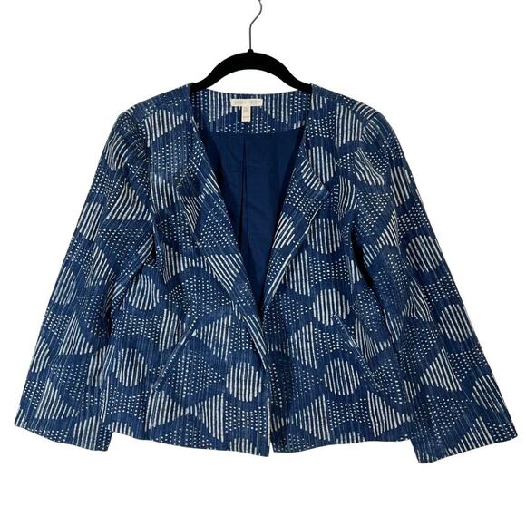 Eileen Fisher Hand Printed 100% Organic Cotton Indigo Blazer Jacket Cropped XS - Picture 1 of 8